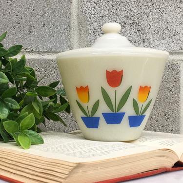 Vintage Fire King Grease Jar Retro 1950s Mid Century Modern + Tulip Print + Size 5.5 Diameter + White Ceramic + Covered Dish + Kitchen Decor 