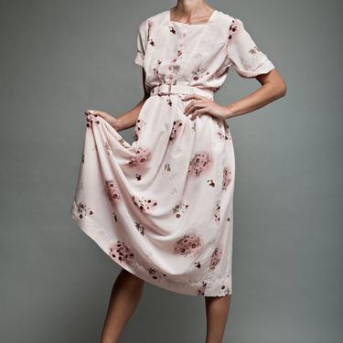 vintage homemade day shirt dress full skirt pink floral short sleeves M L (24&amp;quot;-30&amp;quot; waist) - Medium Large 