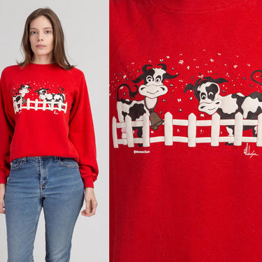 90s Red Cow Sweatshirt - Medium | Vintage Puffy Graphic Cute Raglan Sleeve Animal Pullover 