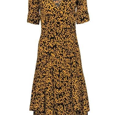 Ganni - Black &amp; Mustard Floral Print Wrap Maxi Dress Sz 4