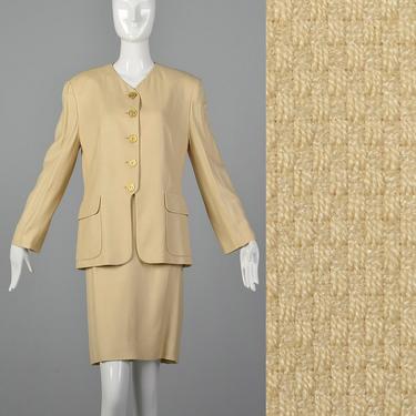 Medium Louis Feraud 1980s Skirt Suit Designer Vintage Beige Lightweight Matching Jacket Flap Pockets Vintage 80s 