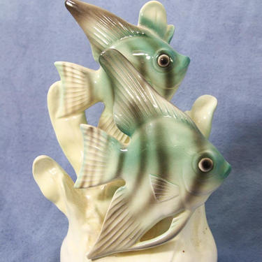 Lovely 8&amp;quot; Vintage Ceramic Tropical Fish Figurine with Coral, Angel Fish Pair 
