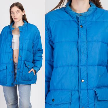 70s Blue Puffer Down Fill Jacket - Men's Large | Vintage Unisex Quilted Snap Button Winter Ski Coat 