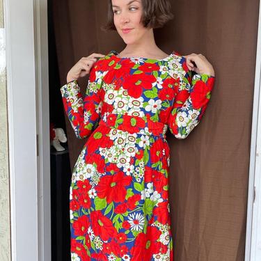 70s long sleeve psychedelic bright floral dress by Passport 