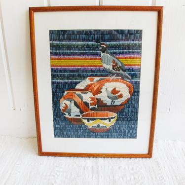 Vintage Desert Native Basket and Quail Woven Needle Point / Embroidery Wall Tapestry with Wood and Glass Frame 