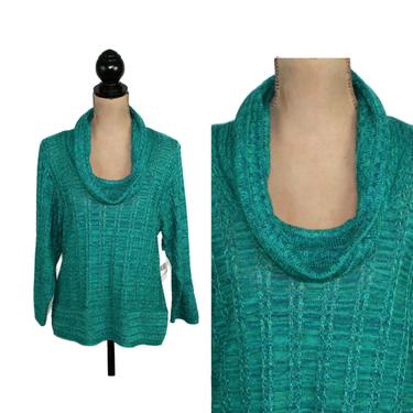 Teal Sweater Small, Cowl Neck Space Dye Pullover, Pointelle Acrylic Knit Tunic, 90s Y2K Clothes Women, Vintage Clothing from Kim Rogers 
