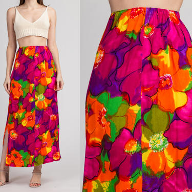 70s Hawaiian Bright Floral Maxi Skirt - Small to Medium | Vintage Barkcloth Boho Hippie Side Slit Skirt 