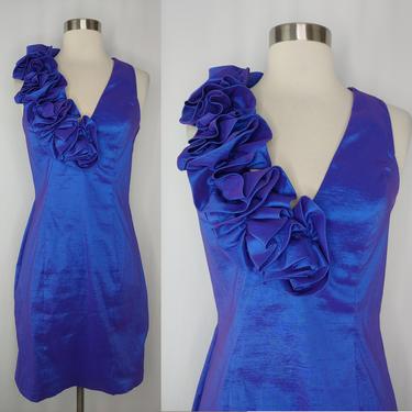 Vintage Nineties Jessica McClintock Small Sleeveless Iridescent Purple Sheath Dress with Ruffle - 90s Prom Dress 