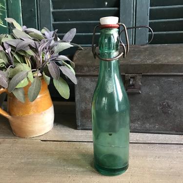 1930s French Glass Bottle, Aqua Blue, Biere, Beer, Ceramic Top, Toulouse, France 