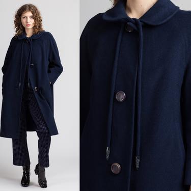 1950s Navy Blue Rothmoor Swing Coat - Large | Vintage Collared Button Up Long Winter Jacket 
