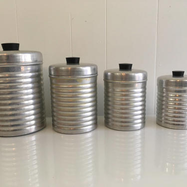 Vintage Aluminum Canister Set of Four (4) Metal Jar Retro Kitchen Made in Italy Art Deco 1950s 