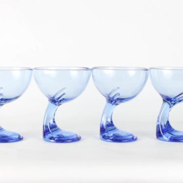 Vintage Bormioli Rocco Jerba Dessert Bowls Blue Sapphire Glassware, Curved Stem, Blue Glassware, Bormioli Rocco,Dessert Cups, Set of 4 