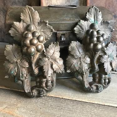 Pair French Bronze Plaques, 19th C, Grape Vine Design, Garniture, Wall Furniture Mount, Antique French Hardware, Chateau Decor 