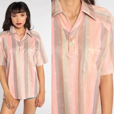 Striped Polo Shirt 70s Pink Half Button Up Shirt Dagger Collar Shirt 1970s Stripes Nerd Retro Vintage Large xl l 