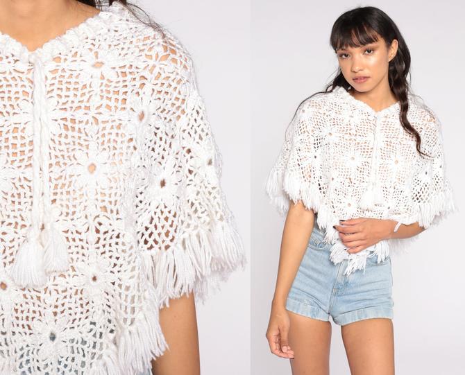 60’s White Cream Crocheted Open Knit Fringe Button buy Front Vintage Boho Poncho