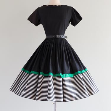 Charming 1950's Black Cotton Dress With Emerald Bow By L'Aignon / Small