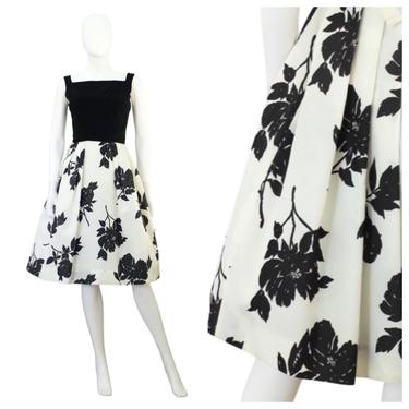 1950s Black &amp; White Floral Cocktail Dress - 1950s Cocktail Dress - 1950s Black and White Party Dress - Vintage Party Dress | Size Small 