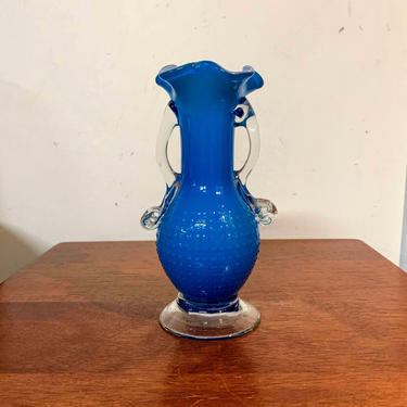 Vintage Norleans Blown Cased Glass Blue Vase and Applied Glass Handles 