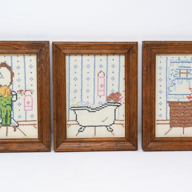 Set of 3 Vintage Needlepoint Children's Bathroom Images 