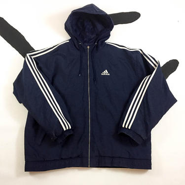 90s Adidas Navy Blue Stripe Hooded Windbreaker Jacket / Blue and White / Three Stripes / y2k / Nu Metal / XL / Athletic / Skater / Sporty 