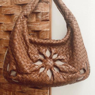 Vintage BOTTEGA VENETA Intrecciato Brown Woven Leather with Flower detail, Moonstone Vintage