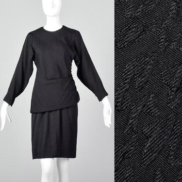 Small Oscar de la Renta Two Piece Dress Asymmetrical Black Top Pencil Skirt Lightweight Textured Invisible Zip 1990s Vintage Dress Separates 