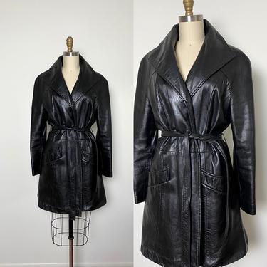 Vintage 1950s Leather Coat 50s Black Trench 