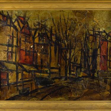 Mid Century D'Lanor Abstract Cityscape Oil On Canvas Painting - mcm 