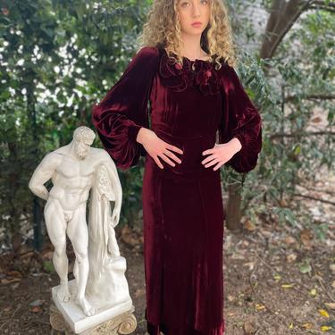 Very rare 1930s Irma Kirby Eisenberg and Sons merlot silk velvet gown large flowers Art Deco 