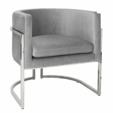 Worlds Away Modern Gray Velvet and Polished Nickel Barrel Back Jenna Lounge Chair