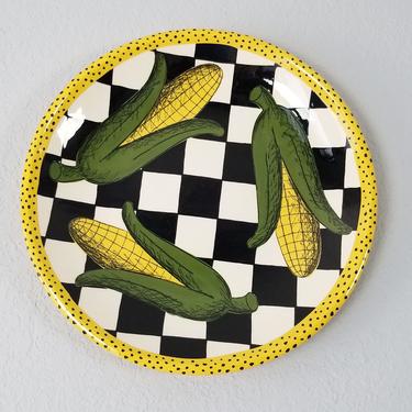 1995 Postmodern Style Hand Painted Ceramic Plate , Signed . 
