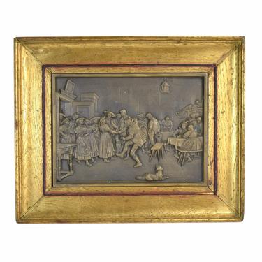 Vintage Bronze Plaque 18th Century Genre Scene Tavern Wedding Dancer & Dog 