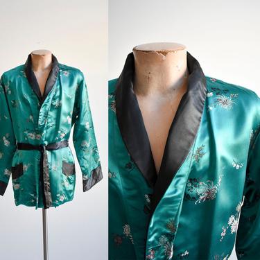 Vintage Teal & Black Silk Smoking Jacket 