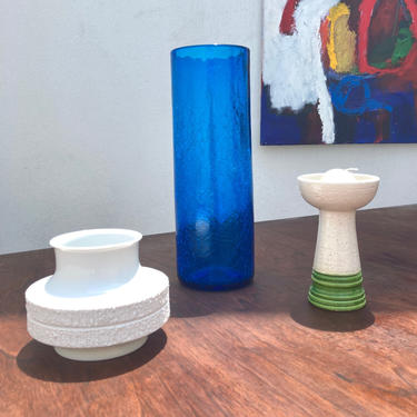 Crackled Blue Cylindrical Glass Blenko Vase