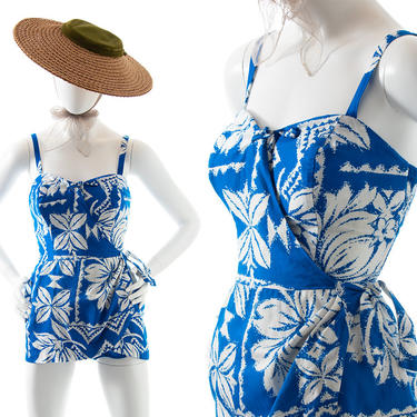 Vintage 1960s Romper | 60s PARADISE HAWAII Hawaiian Floral Printed Cotton Blue Sarong Skirt Under Shorts Tiki Playsuit (x-small/small) 