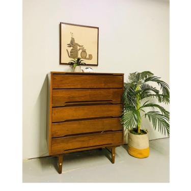 Mid Century Stanley Walnut Five Drawer Tallboy Dresser, MCM Chest of Drawers with Brass Accents, Vintage Walnut Highboy Dresser 