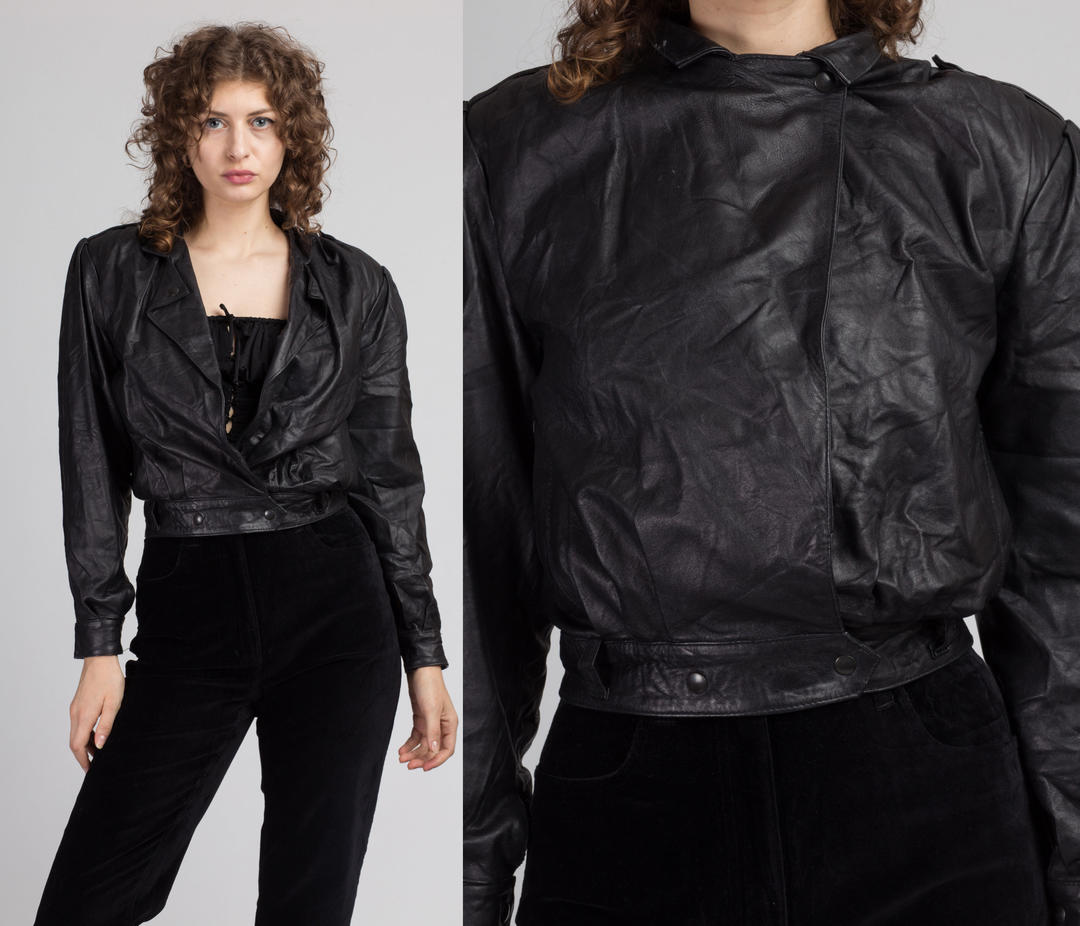 80s Cropped Black Leather Jacket - Small | Vintage Women's Vera