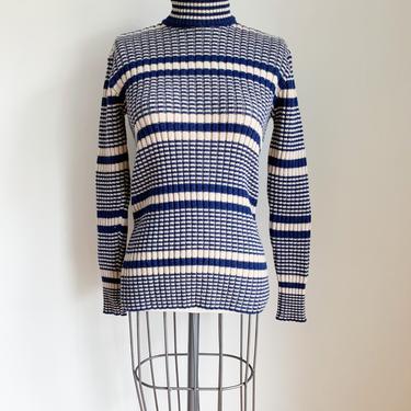 Vintage 1970s Navy &amp; Tan Striped Wool Turtleneck Sweater / S/M 
