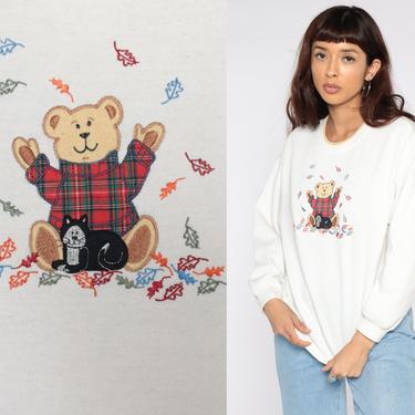 Teddy Bear Sweatshirt 90s Cat Sweatshirt Graphic Sweatshirt Grandma Sweatshirt Vintage 1990s Slouchy Pullover Off-White Medium 