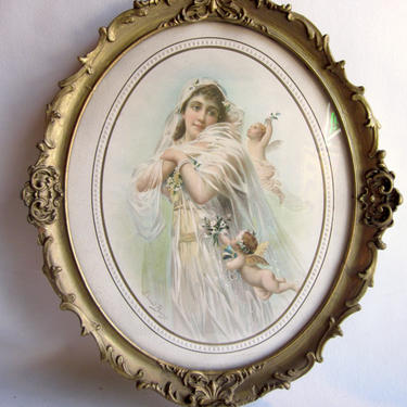 Antique c. 1902 Edouard Bisson Chromolithograph Print &amp;quot;La Fiancée&amp;quot; or &amp;quot;The Bride&amp;quot; Beaux Arts Vignette in Shabby Chic Frame 