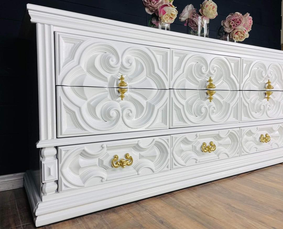 Beautiful Rare Ornate dresser credenza console 9 large drawers solid wood The Dresser Shoppe