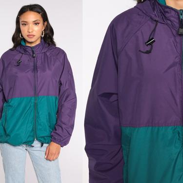 Hooded Jacket Purple Color Block Jacket Green Hoodie Windbreaker Coat Hood 90s Retro 1990s Vintage Wearguard Medium 