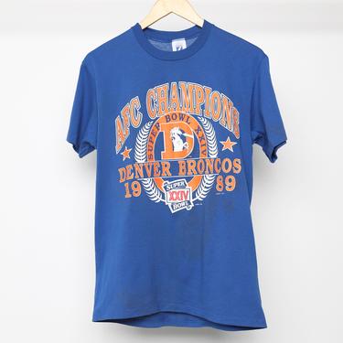 vintage 1989 DENVER BRONCOS blue and orange AFC champs 50/50 single stitch t shirt -- size medium 