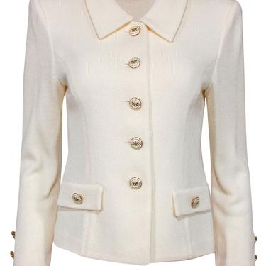 St. John - White Knit Pointed Collar Jacket w/ Decorative Buttons Sz 2
