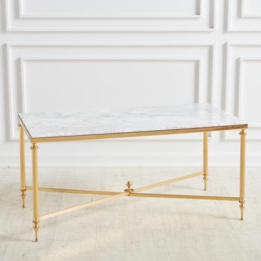 French Coffee Table with Marble Top and Brass Base, 1950s