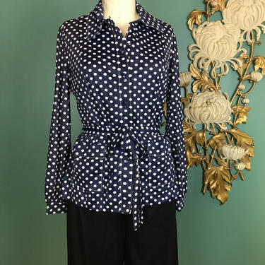 1970s blouse, vintage 70s tunic, blue and white, polyester shirt, polka dot blouse, size medium, tie waist top, Andrea Gayle, 36 bust, mod 