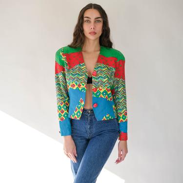 Vintage 80s Anne Crimmins for UMI Collections Vivid Geometric Pattern on Pattern Cropped Jacket | 100% Cotton | 1980s Designer Bolero Blazer 
