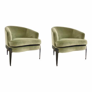 Modern Sage Green Velvet Curved Back Club Chairs - a Pair