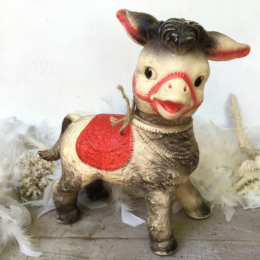 60's Sun Rubber Co. Donkey, Large Toy Donkey On Rollers, Used To Be Squeaky Toy, Mule With Red Saddle, Nursery Decor, Red And Gray 