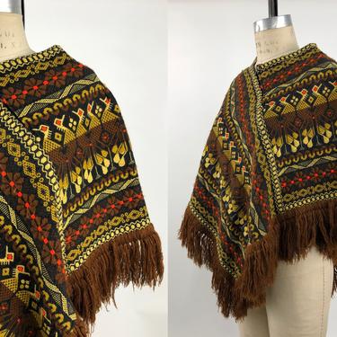 Vintage Mexican Embroidered Brown Fringe Poncho, Vintage 